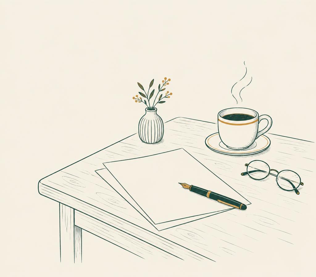 Tekening van een tafel met papieren, een pen en een kopje koffie
